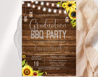 Sunflower Graduation BBQ Party Invitation: Editable Mason Jar Lights (Digital Item)