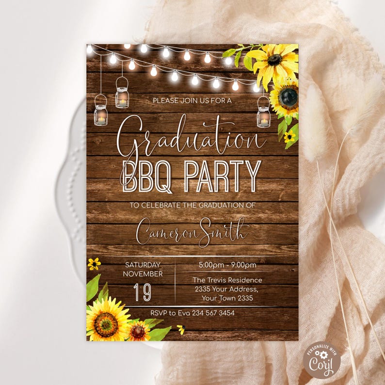May include: A rectangular graduation BBQ party invitation card featuring a dark brown wood grain background, string lights, and hanging mason jar lanterns. Yellow sunflowers decorate the corners. Text includes Graduation BBQ PARTY, Cameron Smith, date, time, and address details.
