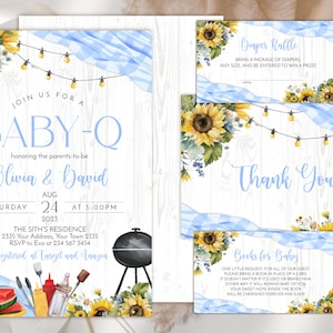 Editable Blue Baby-Q Shower Invitation Set. BabyQ Baby Shower Invitation. Sunflower Baby Shower. Backyard Baby Shower. BBQ Baby Boy Shower.