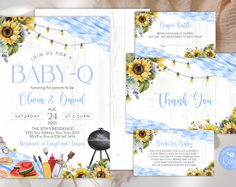 Baby-Q Duscheinladungsset, Sonnenblume BBQ-Thema (bearbeitbar digital)