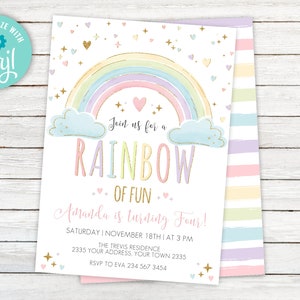 Editable Rainbow Birthday Invitation. Rainbow Invite. Colorful Rainbow Girl's Party Invite. Rainbow of Fun. Pastel Colors. Any age.