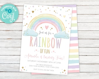 Editable Rainbow Birthday Invitation. Rainbow Invite. Colorful Rainbow Girl&#39;s Party Invite. Rainbow of Fun. Pastel Colors. Any age.