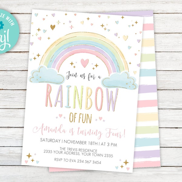Editable Rainbow Birthday Invitation. Rainbow Invite. Colorful Rainbow Girl's Party Invite. Rainbow of Fun. Pastel Colors. Any age.