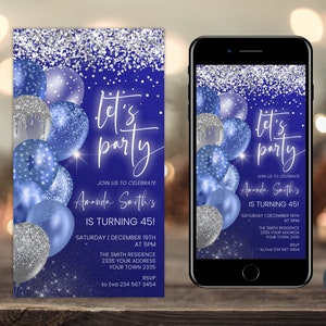 Bearbeitbare Let&#39;s Party Digitale Einladungen.Blaue Ballons und Silber Glitter Birthday Party Invite. Mobile Text Evite Bearbeitbare Vorlage Jedes Alter