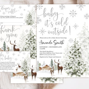 Editable Baby It&#39;s Cold Outside Baby Shower Invitation Set. Winter Wonderland  Silwer Snowflake Log Cabin Deer Gender Neutral Baby Shower.