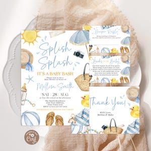 Editable Splish Splash Baby Shower Invitation Set. Blue Beach Summer Boy Baby Shower Invite. Tropical Summer Boy Blue Pool Surf Beach Bundle
