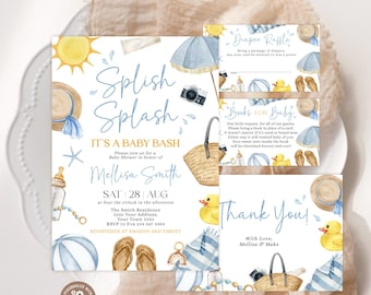 Editable Splish Splash Baby Shower Invitation Set. Blue Beach Summer Boy Baby Shower Invite. Tropical Summer Boy Blue Pool Surf Beach Bundle