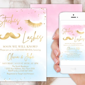 Editable Staches or Lashes Gender Reveal Invitation. Girl or Boy Invitation. Pink or Blue Shower. Staches. Lashes. Gender Reveal Shower.