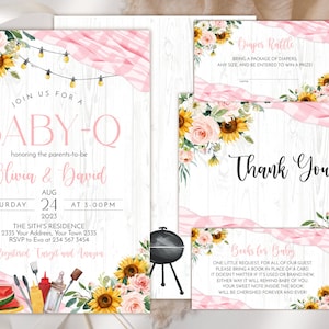 Editable Pink Baby-Q Shower Invitation Set. BabyQ Baby Shower Invitation. Sunflower Baby Shower. Backyard Baby Shower. BBQ Baby Girl Shower.