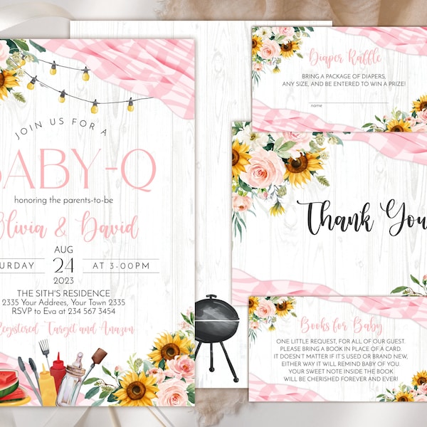 Editable Pink Baby-Q Shower Invitation Set. BabyQ Baby Shower Invitation. Sunflower Baby Shower. Backyard Baby Shower. BBQ Baby Girl Shower.