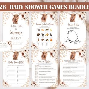 Editable Boho Highland Cow Baby Shower Games Bundle. Holy Cow Baby Shower Game Pack. Watercolor Highland Cow Pampas Grass Floral Games.