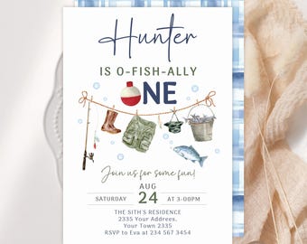 Editable Fishing First Birthday Party Invitation. Fishing Invite. Fishing Party.  O-Fish-Ally One Boy 1st Birthday. Gone Fishing Party.