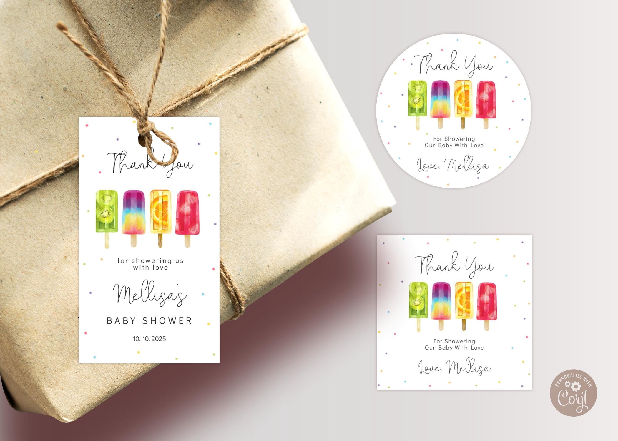 Editable Baby Shower Tags Set With Multicolored Ice Cream. Popsicle Baby Shower Thank You Tag Set. Ice Сream Summer Gender Neutral Boy Girl.