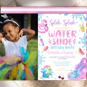 Editable Water Slide Birthday Invitation. Backyard Waterslide Splash. Pool Party Birthday Invite With Photo. Pink Water Park Girl Birthday.