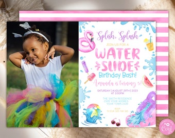 Editable Water Slide Birthday Invitation. Backyard Waterslide Splash. Pool Party Birthday Invite With Photo. Pink Water Park Girl Birthday.