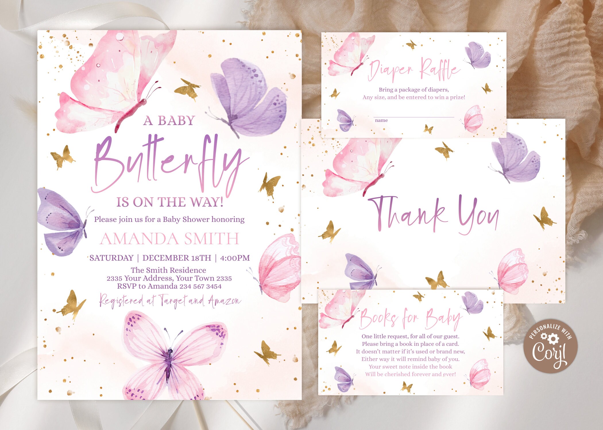 Editable Butterfly Baby Shower Invitation Set. Butterfly Baby Shower ...