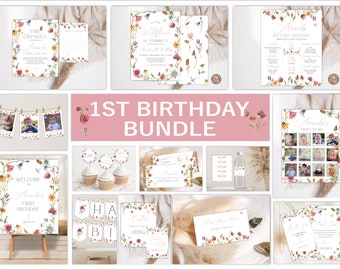 Editable Wildflower 1st Birthday Invitation Bundle. Wildflower First Birthday  Kit. Little Wildflower, Girls, Garden, Birthday Party Kit.