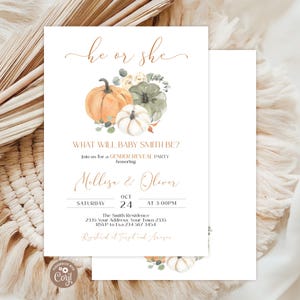 May include: A white gender reveal party invitation card featuring watercolor illustrations of orange, green, and white pumpkins with floral accents. The text reads he or she, WHAT WILL BABY SMITH BE?, and includes event details for Mellisa & Oliver.