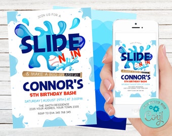 Pode incluir: Um convite para uma festa de aniversário azul e branco com um design de beisebol e respingos de água. O convite diz "Join us for a Slide N In & Make a Big Splash at Connor's 5th Birthday Bash!" O convite inclui a data, a hora e o local da festa.