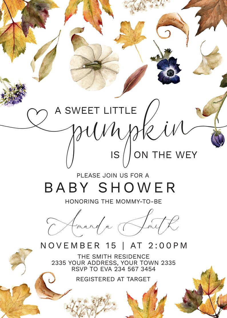 Editable Pumpkin Baby Shower Invitation. Blue Floral Pumpkin Etsy