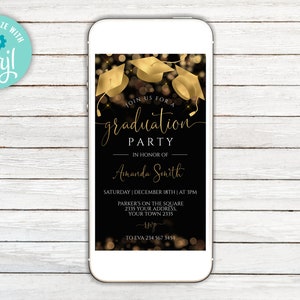 Editable Graduation Party Invitation. Glitter Graduation Invitation. Any Graduation Invitation Background Color. Black, White, Gold.