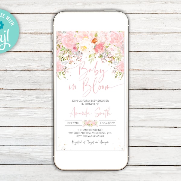 Editable Baby Shower Invitation. Baby in Bloom Baby Shower Invite. Electronic Girl Baby Shower Invitation. Floral Baby Shower. Blush Pink.