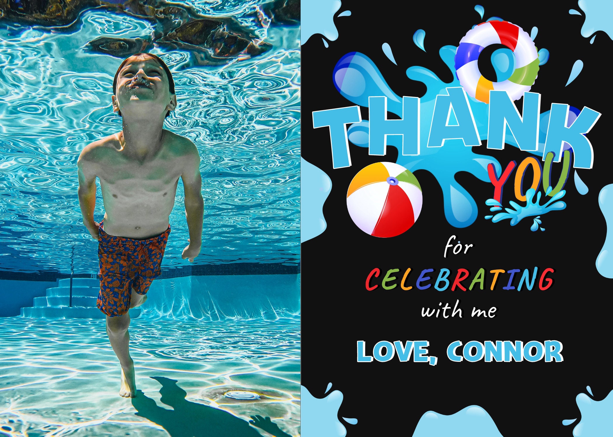 Editable Summer Pool Birthday Party Thank You Card With Photo. School ...