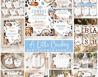 Editable Cowboy Baby Shower Bundle, A Little Cowboy Set (Digital), Wild West Boy Blue Outdoors