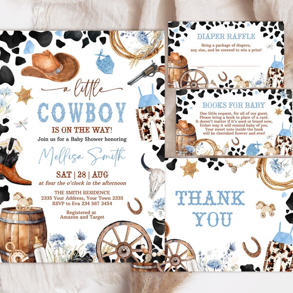 Editable Cowboy Baby Shower Invitation Set. A Little Cowboy Baby Shower Invite Pack. Wild West Western Boy Blue Outdoors Rodeo Country.