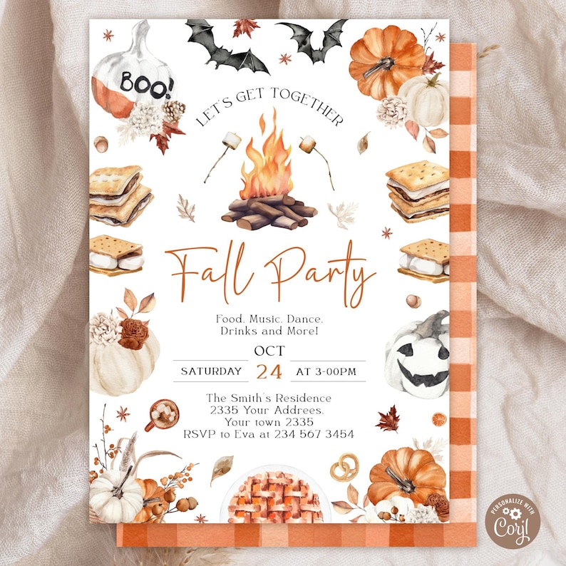 May include: A fall party invitation with a watercolor design. The invitation features pumpkins, bats, and a bonfire. Text includes "Fall Party" and event details. The background has an orange and white plaid pattern.