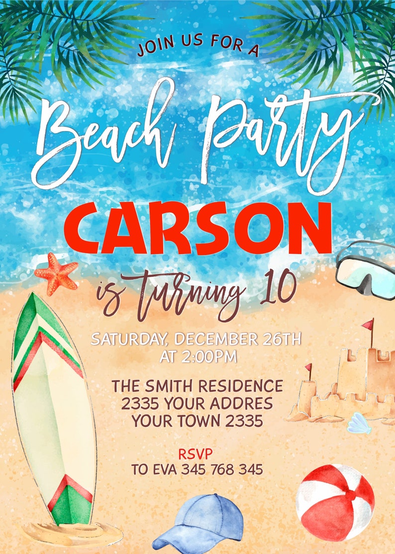 Editable Beach Party Invitations. Beach Birthday Party | Etsy