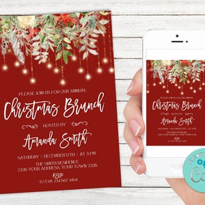 Editable Christmas Brunch Invitation. Winter Greenery Christmas Brunch Invitation. Holiday Brunch. Bridal Brunch Invitation. Template.