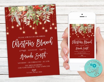 Editable Christmas Brunch Invitation. Winter Greenery Christmas Brunch Invitation. Holiday Brunch. Bridal Brunch Invitation. Template.