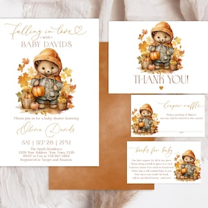 Bewerkbare set babyshower babyshower beer. Falling in Love Bear babyshower uitnodiging. Herfst bloemen beer pompoen babyshower. Genderneutraal.