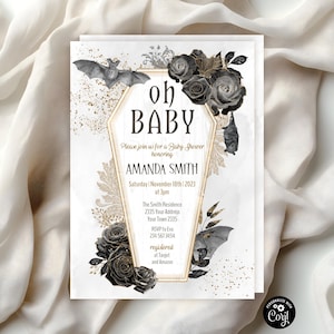 Editable Halloween Baby Shower Invitation. Gothic Floral Digital Invite. Oh Baby. Сoffin Vampire Bat Baby Sprinkle. Black Roses.