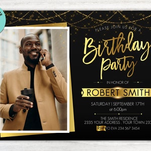 Invitation de fête d'anniversaire modifiable. Invitation à une fête d'anniversaire avec photo. Hommes femmes adultes. Tout âge. Invitation anniversaire adulte. Or noir.