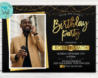 Black & Gold Birthday Party Invitation with Photo (Digital Download)