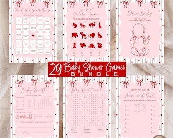 Editable Baby Shower Games Bundle, Valentine's Day Pink Red Bow Hearts (Digital Download)