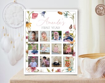 Wildflower 1st Birthday Photo Poster: Editable Baby Collage (Digital)
