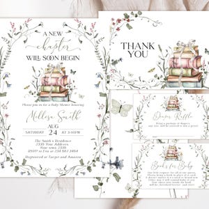 Editable A New Chapter Begins Baby Shower Invitation with Bow and Florals. Elegant Books Invite. Wildflower, Butterfly, Gender Neutral.