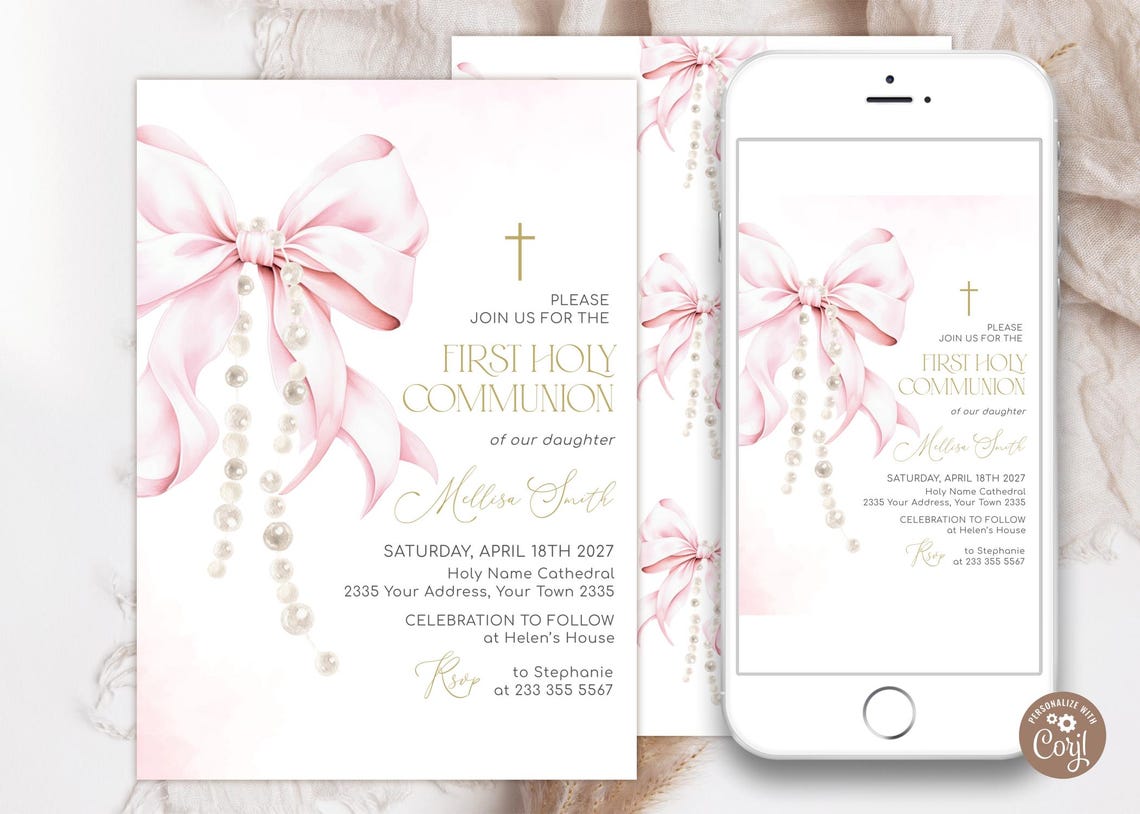 Editable First Holy Communion Invitation With Pink Bow and Pearls ...