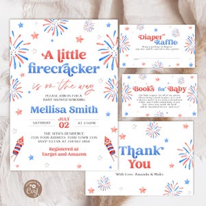 Editable Little Firecracker On The Way July 4th Invitation. Red White and Due Baby Shower Invite. Independence Day Patriotic Baby Shower.