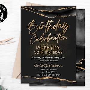 Bearbeitbare Geburtstagsfeier-Einladung. Achat-Geburtstags-Party einladen. Geburtstagsparty für Erwachsene. Schwarz und Gold Einladung zum Geburtstag.