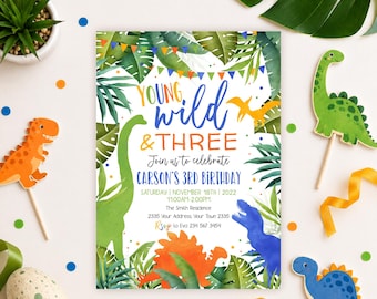 Young Wild and Three Dinosaur Birthday Invitation (Editable Digital Item)