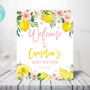 Segno di benvenuto modificabile. Cartello di benvenuto floreale al limone per baby shower. Cartello di benvenuto per baby shower con limonata. Cartello di benvenuto per la doccia estiva.