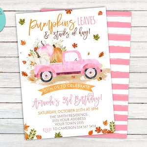 Editable Pumpkin Truck Birthday Party Invitation. Pink Floral Pumpkin Birthday Party. Girl Pumpkin Birthday. Fall Birthday. Pumpkin Girl.