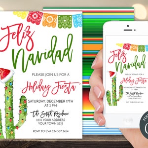 Bewerkbare Feliz Navidad-vakantieuitnodiging. Feliz Navidad-uitnodiging. Kerstfeest uitnodigen. Fiesta-uitnodiging voor de feestdagen. Kerstuitnodiging. Cactussen.
