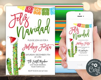 Editable Feliz Navidad Holiday Invitation. Feliz Navidad Invitation. Christmas Party Invite. Holiday Fiesta Invitation. Xmas Invite. Cactus.