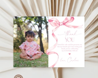 Editable Pink Bow Birthday Thank You Card with Photo. Soft Pastel Pink Bow 1st Birthday Thank You Card. Dusty Pink Ribbon Minimalist Any Age