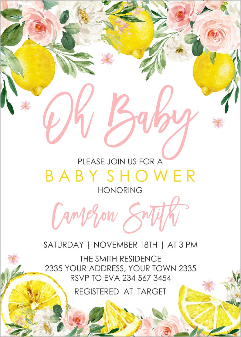 Lemon Baby Shower Invitation. Floral Lemon Baby Shower. Etsy